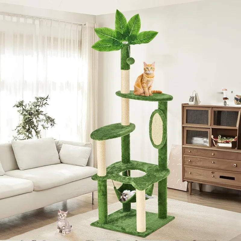61" Large Cat Tree Tower for Indoor Cats with DIY Green Leaves Scratching Post Multi Soft Hang Ball Plush Cat House Furniture