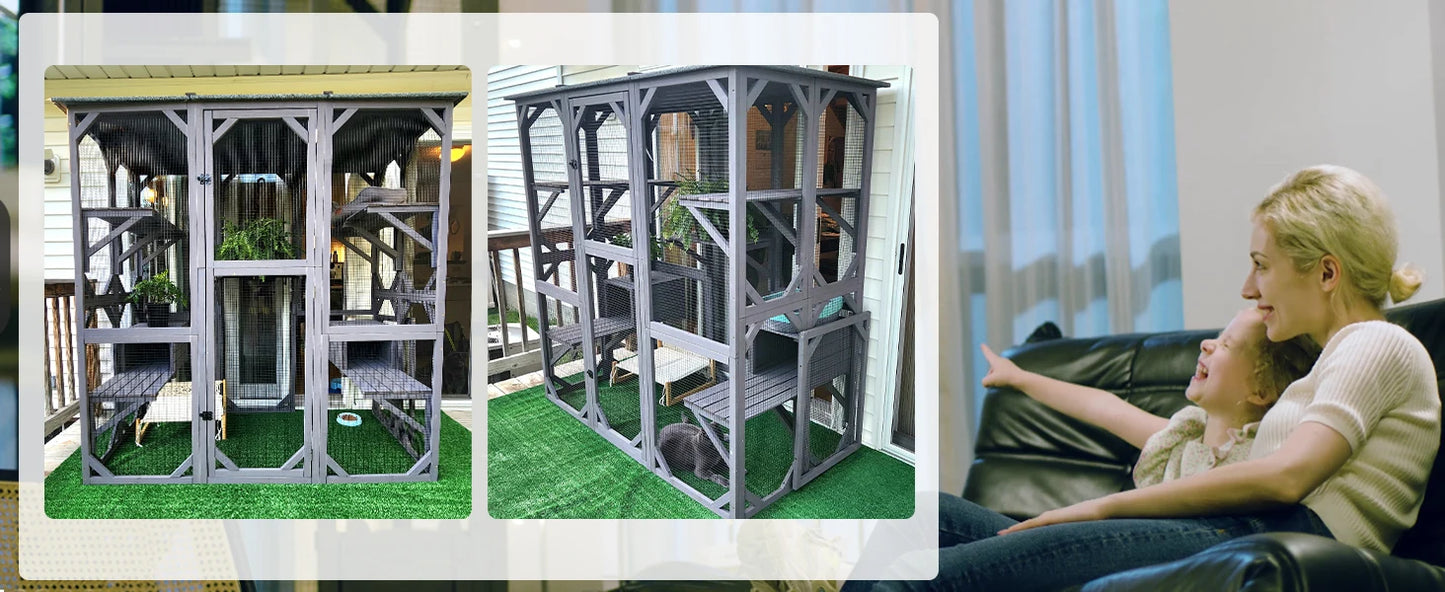 Outdoor Cat Enclosure Large Walk in Cat Kennel Kitten Cage with Platforms and Small Houses