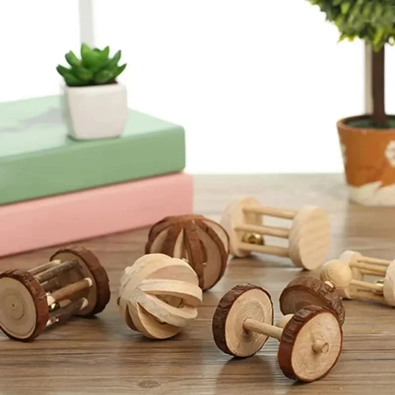 Guinea Pig Rabbit Hamster Small Animal Play Pet Roller Toys Natural Wooden Pine Dumbbells Unicycle Bell Chew Chewing Braided Ball