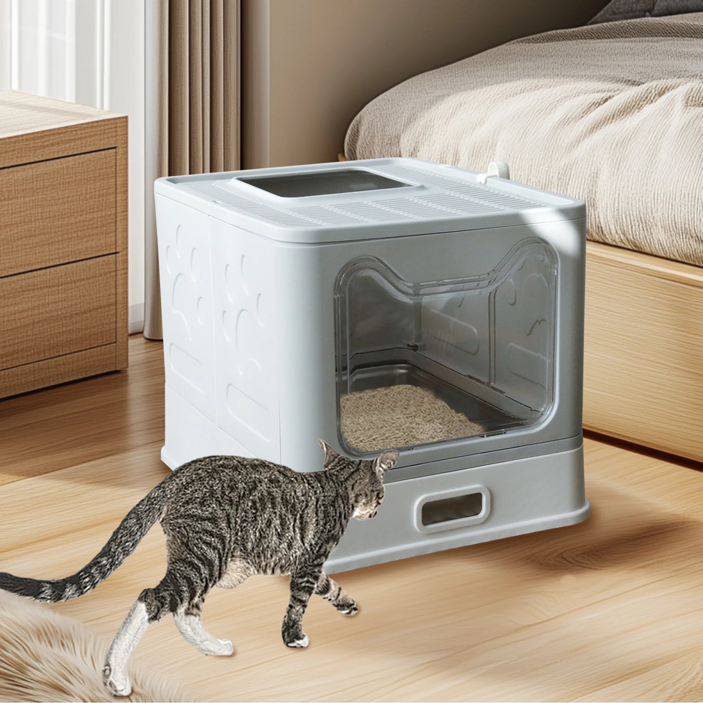 Bingopaw Stainless Steel Cat Litter Box with Lid Front Entry and Top Exit Toilet Box with Litter Scoop for Kittens, Easy Cleaning