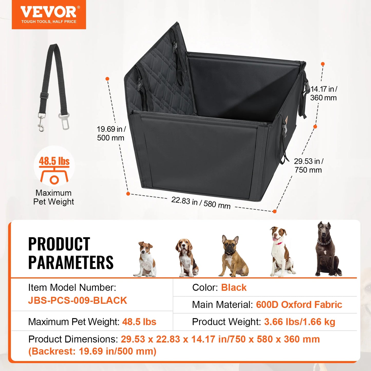VEVOR Dog Car Seat Waterproof Dog Booster Seat Pet Car Seat with Clip-On Safety Leash PP Cotton Car Bed for Medium & Large Dog