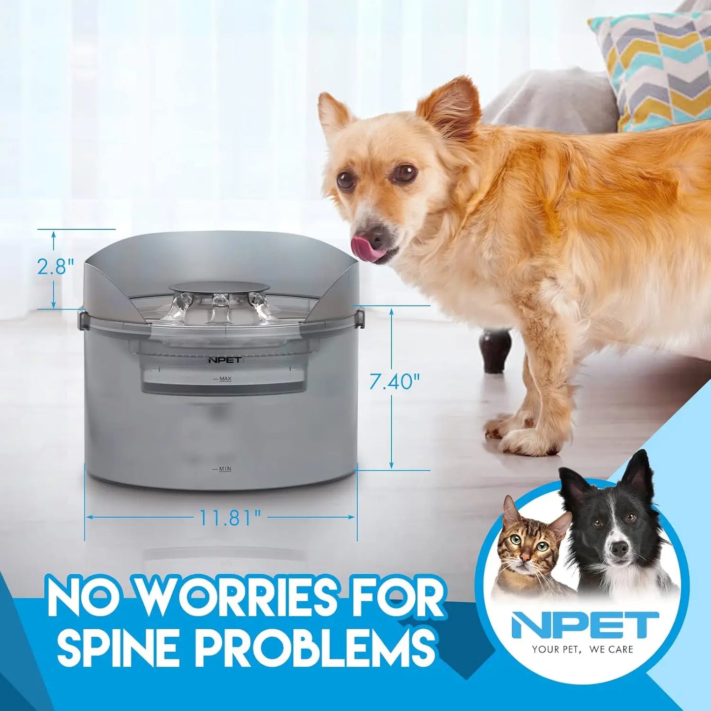 NPET DF30 Large Automatic Dog Water bowl 2 Gallon/270oz/8L with Splatter Guard for Large Dogs