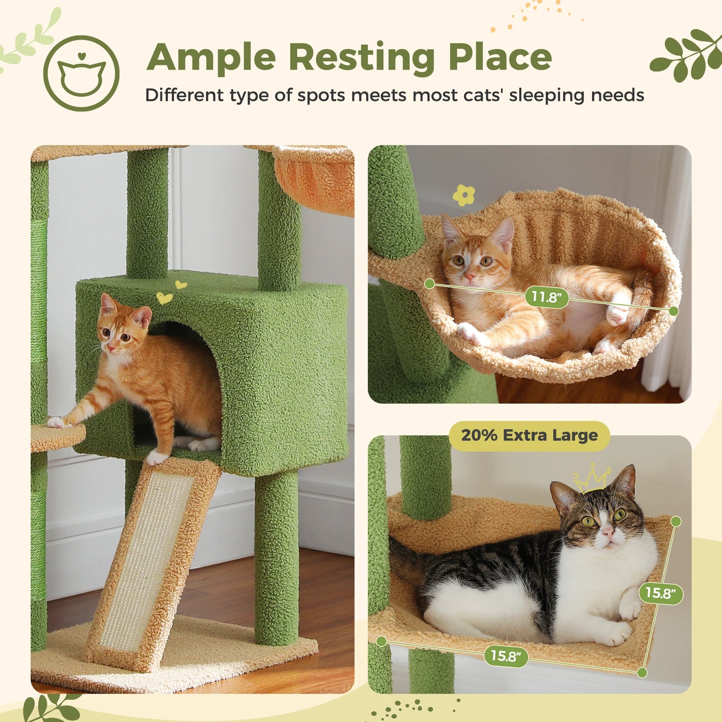 Cactus Cat Tree Floor to Ceiling Adjustable Height Cat Condo Cozy Hammock and Scratching Post Tall Activity Tree