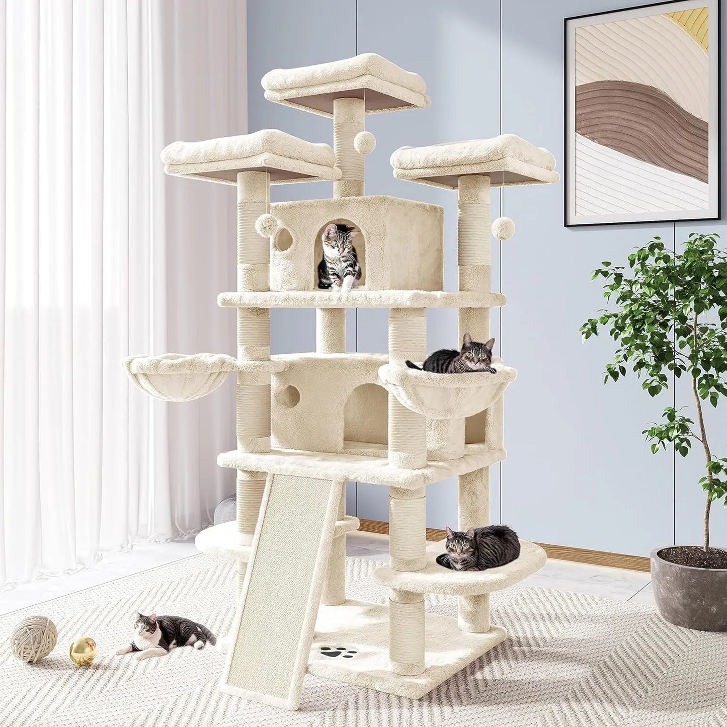 68 Inch Cat Treehouse with Cat Nest, Cat Scratch Post, and Multi Story Tower