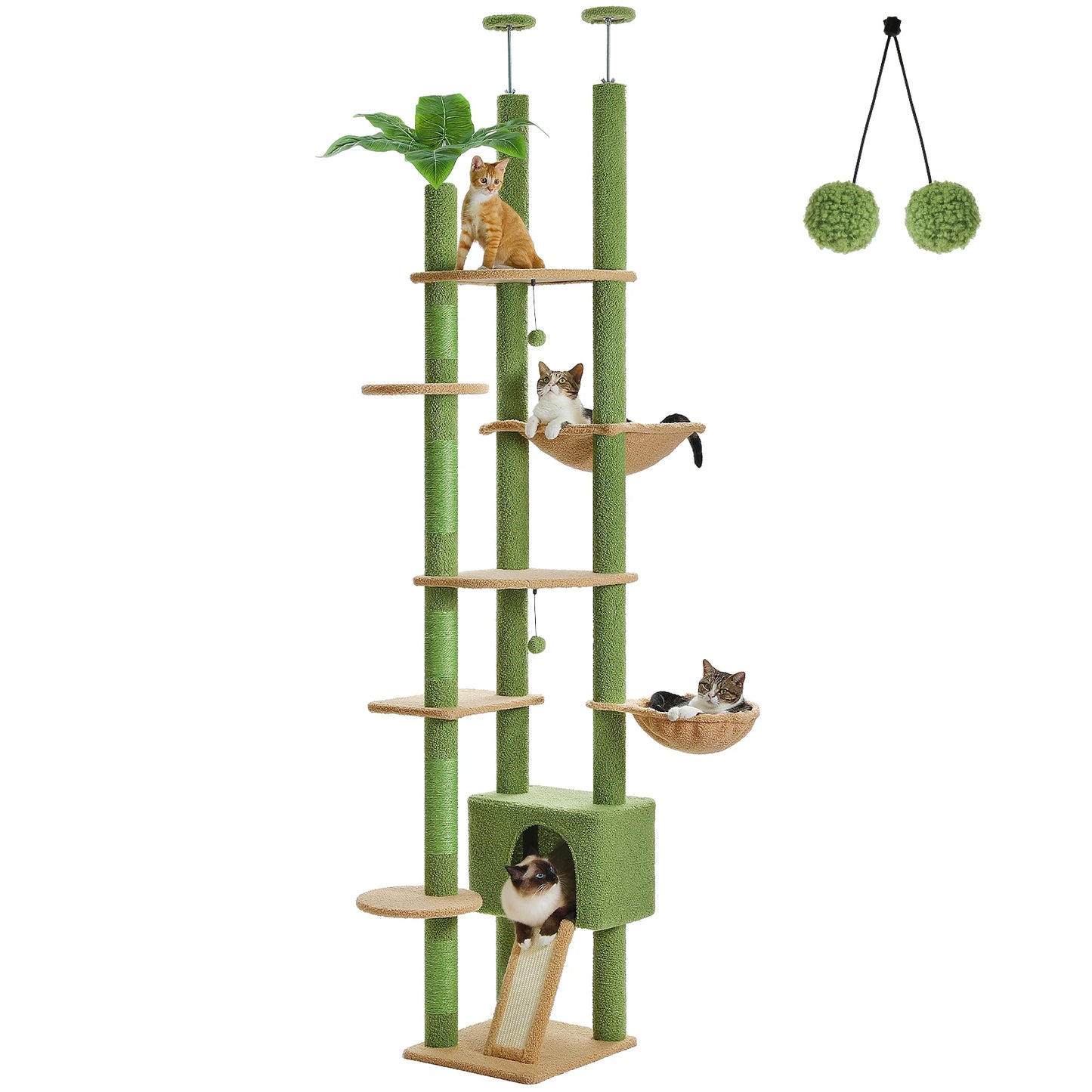 Cactus Cat Tree Floor to Ceiling Adjustable Height Cat Condo Cozy Hammock and Scratching Post Tall Activity Tree
