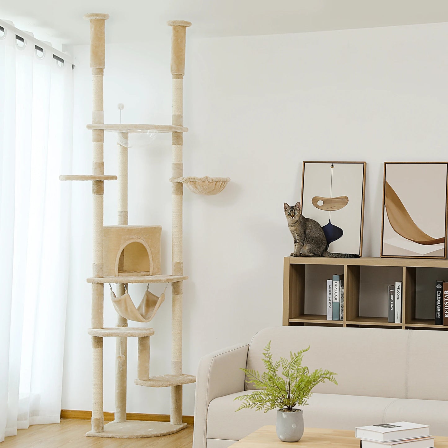 Floor to Ceiling Cat Tree Adjustable Cat Tower Tall Kitty Climbing Play House Tall Kitty Climbing Play House with Scratching Posts Cozy Condo Perches Hammock