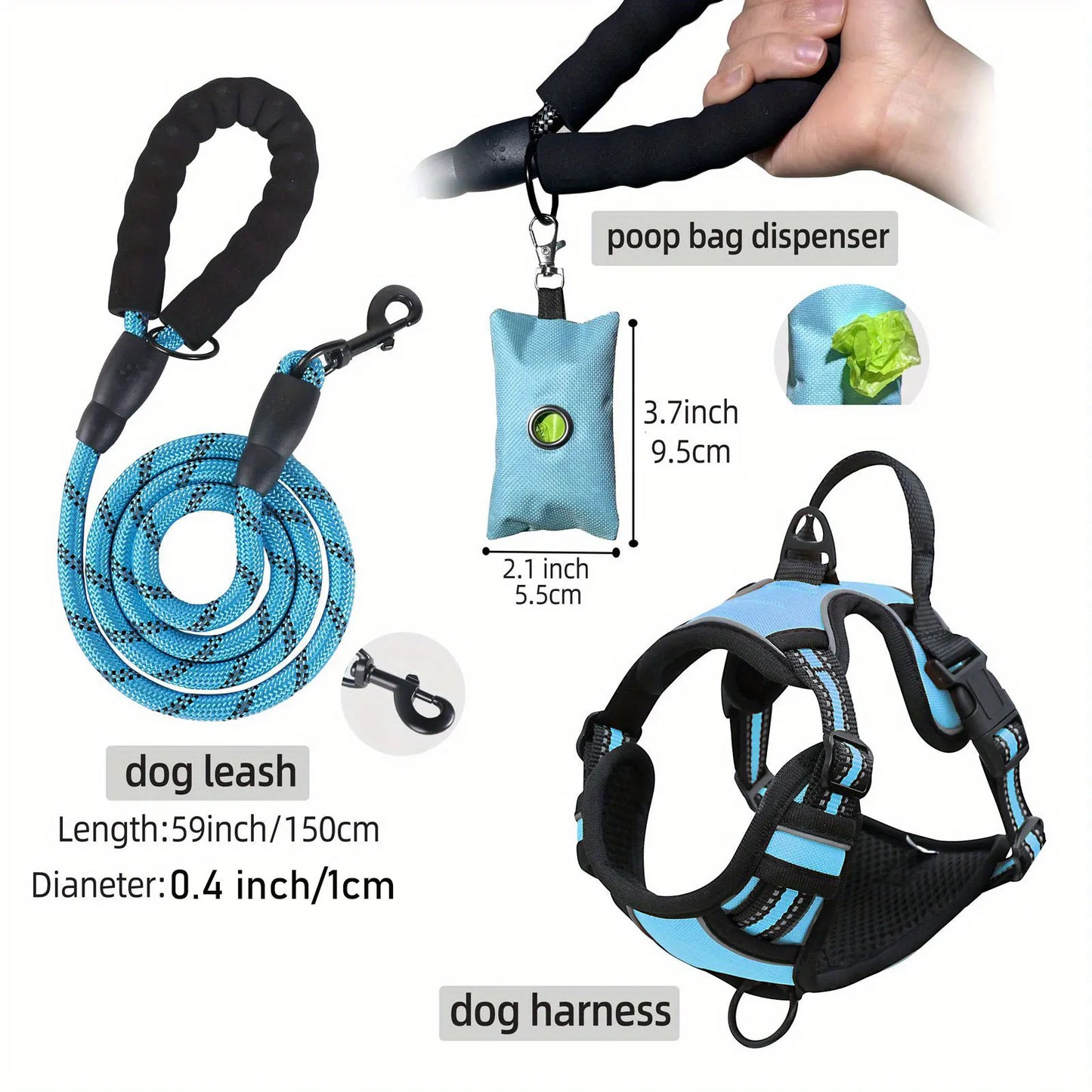 3pcs Escape-Proof Dog Harness Set with Leash and Poop Bag Dispenser for Medium and Large Dogs Walking, Adjustable