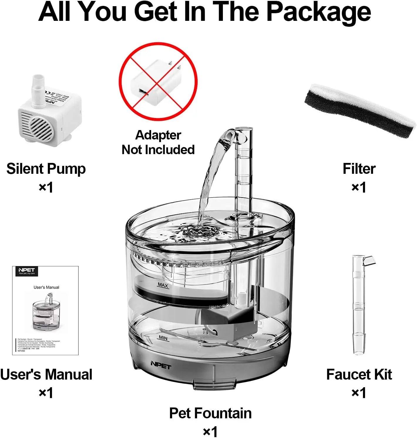 Cat Water Fountain WF050TP 1.5L Automatic Pet Drinking Fountain with Replacement Faucet Kit Electric