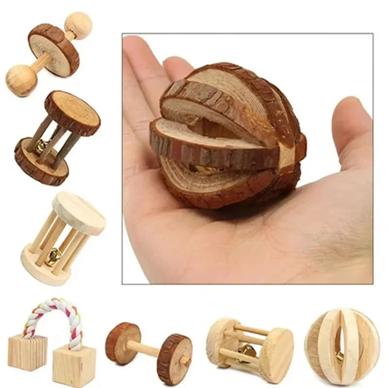 Guinea Pig Rabbit Hamster Small Animal Play Pet Roller Toys Natural Wooden Pine Dumbbells Unicycle Bell Chew Chewing Braided Ball