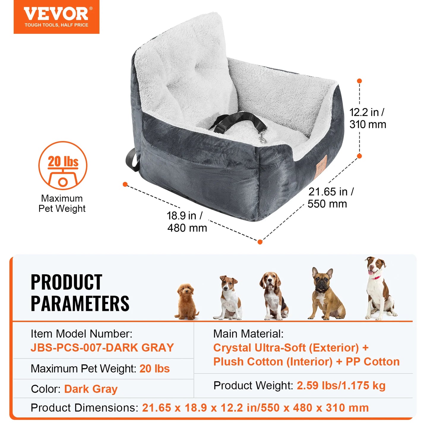 VEVOR Dog Car Seat Waterproof Dog Booster Seat Pet Car Seat with Clip-On Safety Leash PP Cotton Car Bed for Medium & Large Dog