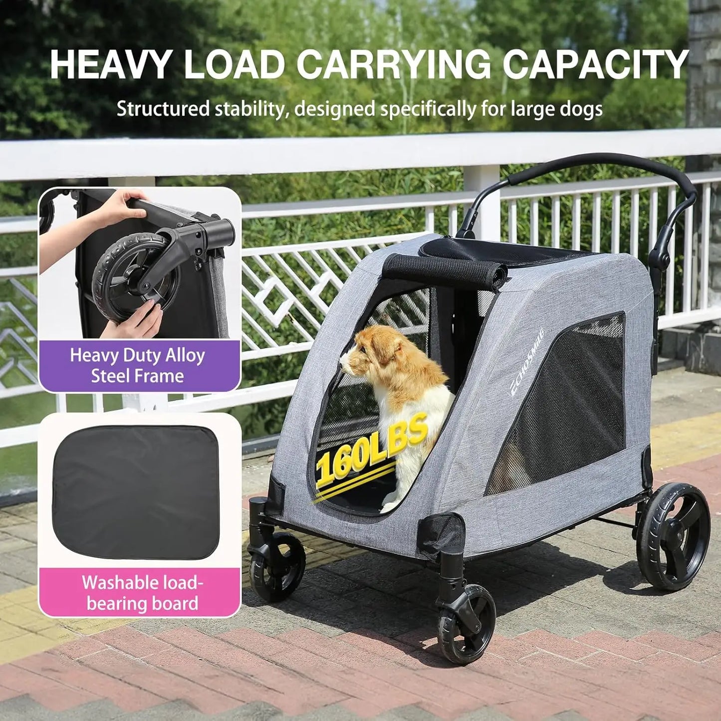 XL Extra Large Dog Stroller Adjustable Handles, Lightweight Folding Pet Stroller for 2 Medium Dogs Dual Entry