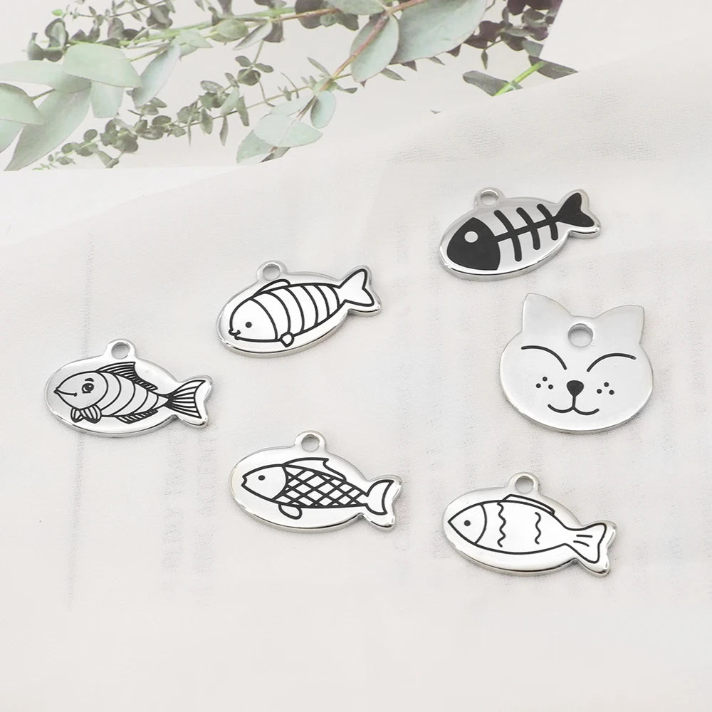 Cute Cat Tag Small Dog ID Tags Free Engraved Name Cats Kitten Name Tag Anti-lost Pet Collar Pendant Fish Shape & Cat Face Tags