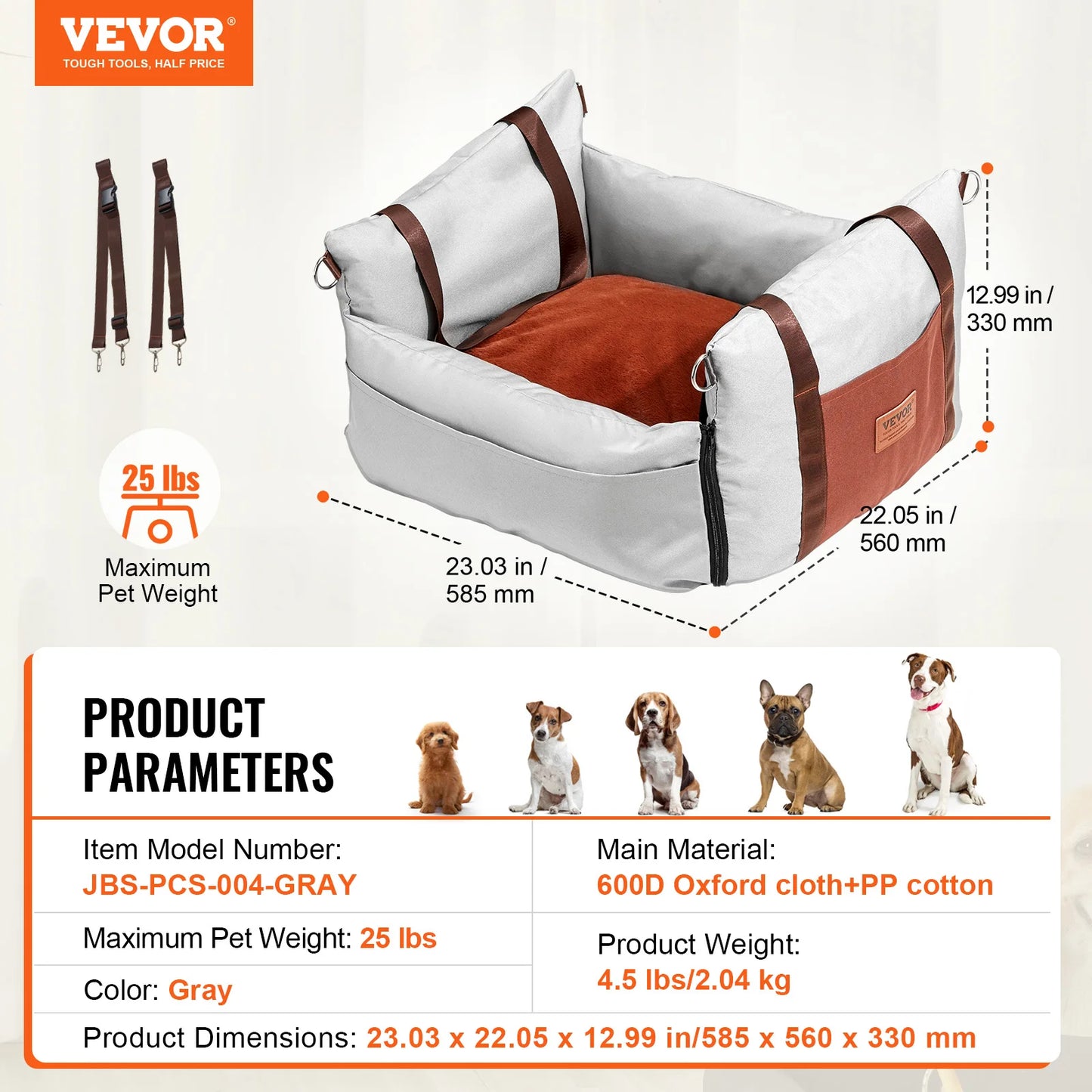 VEVOR Dog Car Seat Waterproof Dog Booster Seat Pet Car Seat with Clip-On Safety Leash PP Cotton Car Bed for Medium & Large Dog