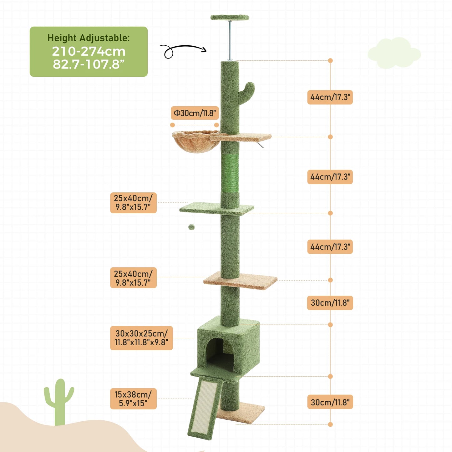 Adjustable Height 210-274CM Cat Tree Floor to Ceiling Tall Cat Climbing Tower with Cozy Condo Hammock Scratching Post Platforms