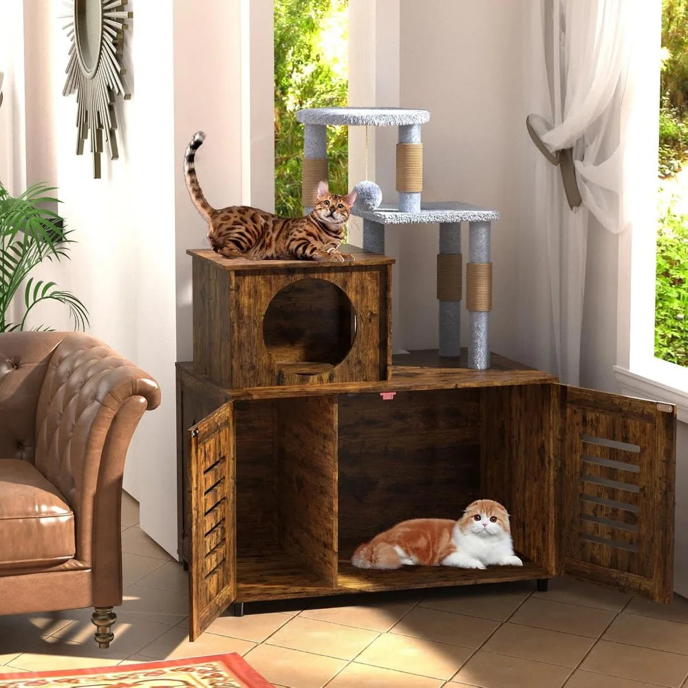 Hidden Litter Box Enclosure, Cat Tree Tower for Indoor cats, Modern Wooden All-in-one Cat Litter Cabinet