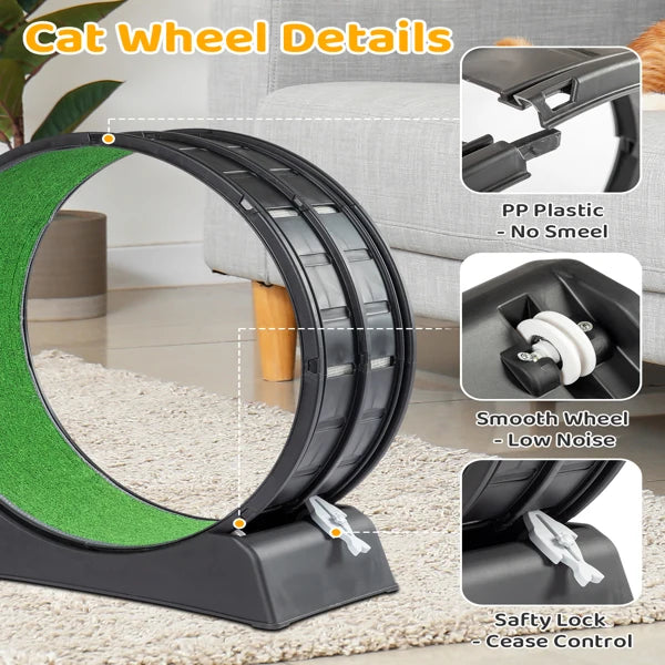 Cat Treadmill Wheel Exerciser with Carpeted Runway, Plastic Cat Running Wheel for Cats Daily Exercise and Weight Loss, Black