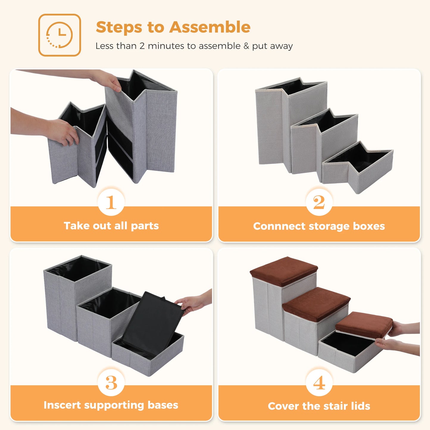 3-Tier Dog Stairs Foldable Pet Stair with Storage Box Adjustable Height Dog Steps for Small Old Dog Cat Non-Slip Pet Ramp Indoor