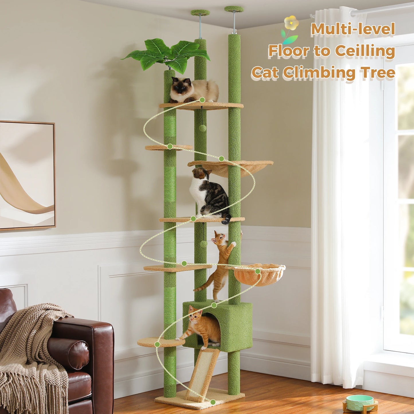 Cactus Cat Tree Floor to Ceiling Adjustable Height Cat Condo Cozy Hammock and Scratching Post Tall Activity Tree