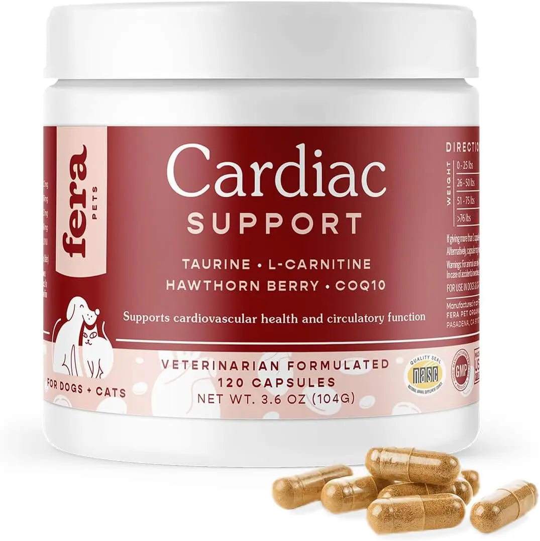Cardiac Supplement for Dogs & Cats – 120 Capsules - Vet Created -Cardiovascular Function & Strength-Taurine, CoQ10,