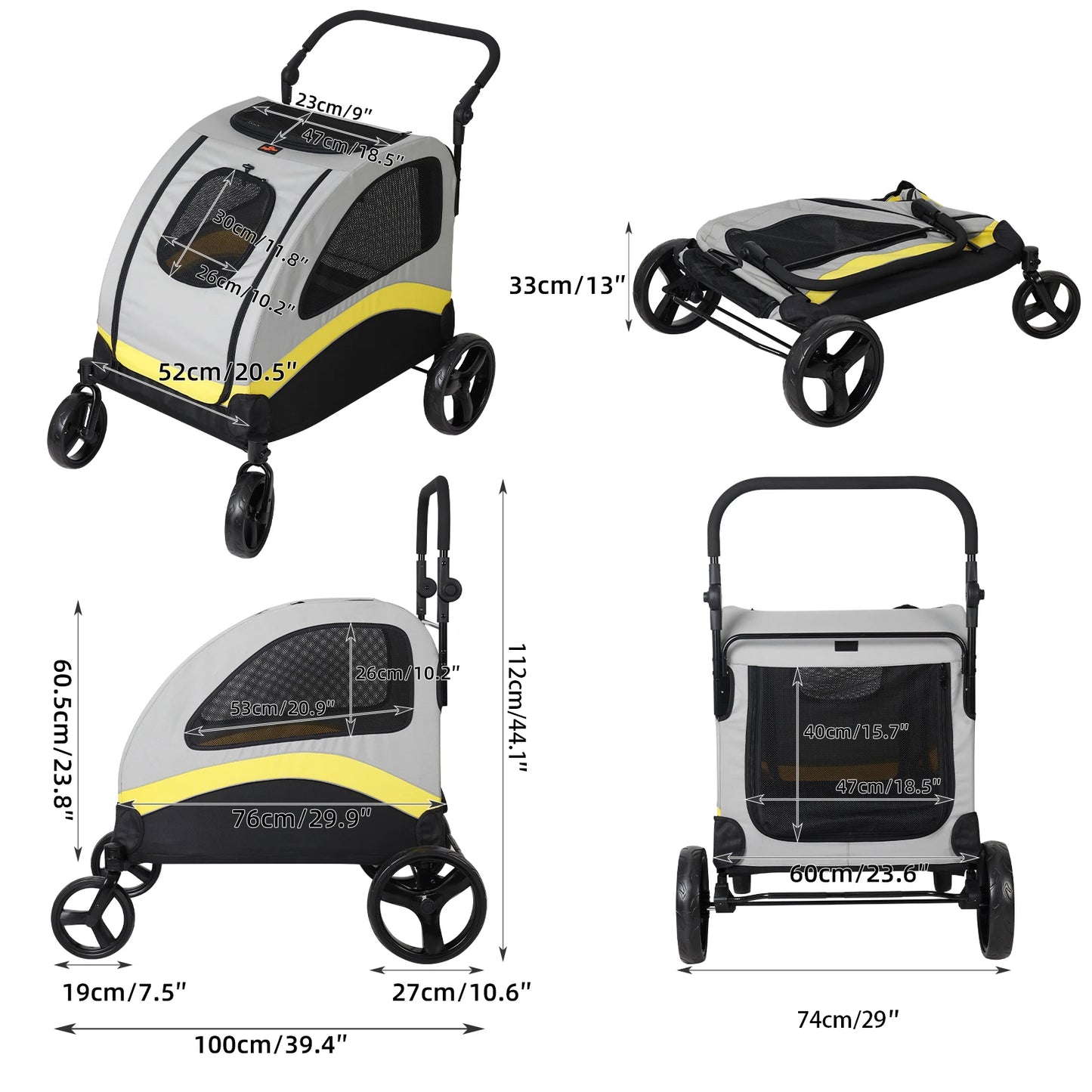 Dog Stroller Ultra-large 4 Wheels Pet Jogger Wagon Foldable Cart Travel Trolley Outdoor Animal Carrier Load Up To 55kg or 121.254 lbs adjustable handle