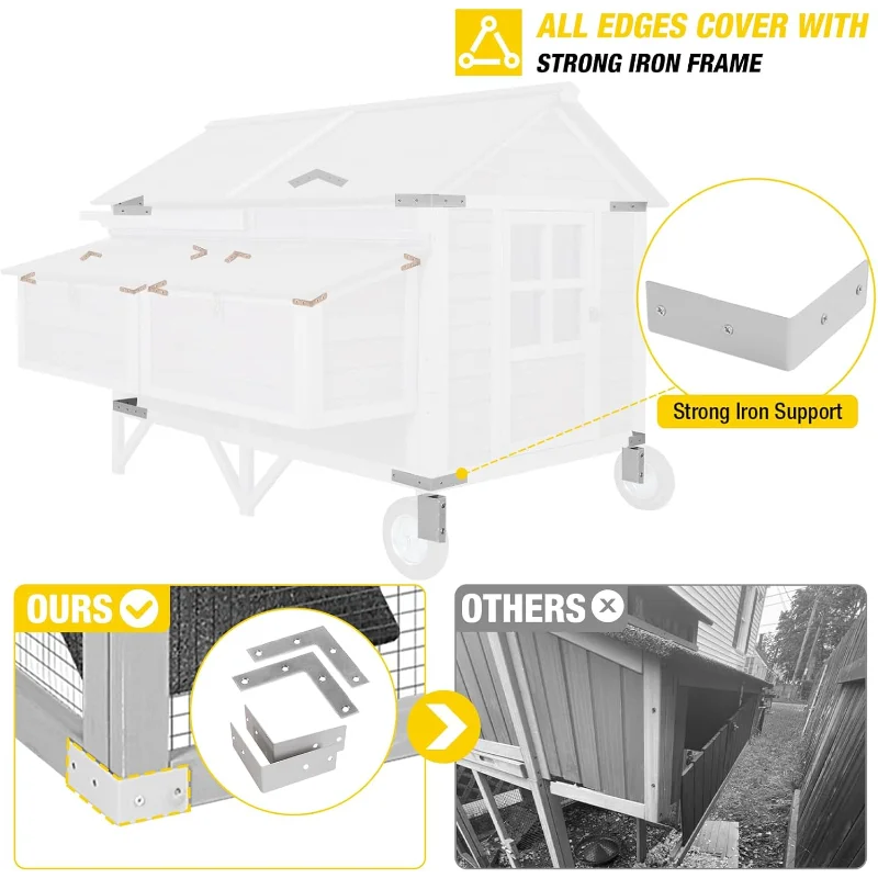 Chicken Coop Super Large Mobile Hen House with Wheels, Strong Iron Frame Outdoor Poultry Cage with Nesting Box, Duck Coop,
