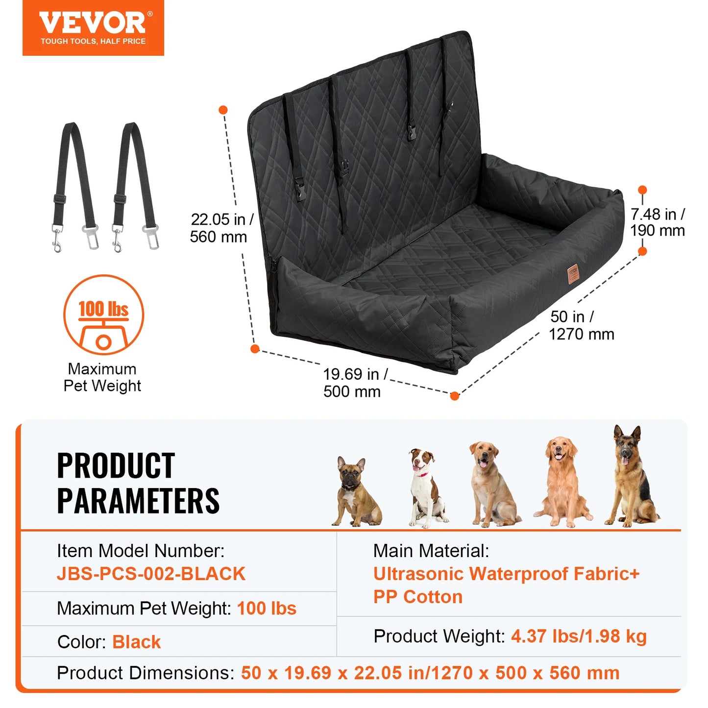 VEVOR Dog Car Seat Waterproof Dog Booster Seat Pet Car Seat with Clip-On Safety Leash PP Cotton Car Bed for Medium & Large Dog