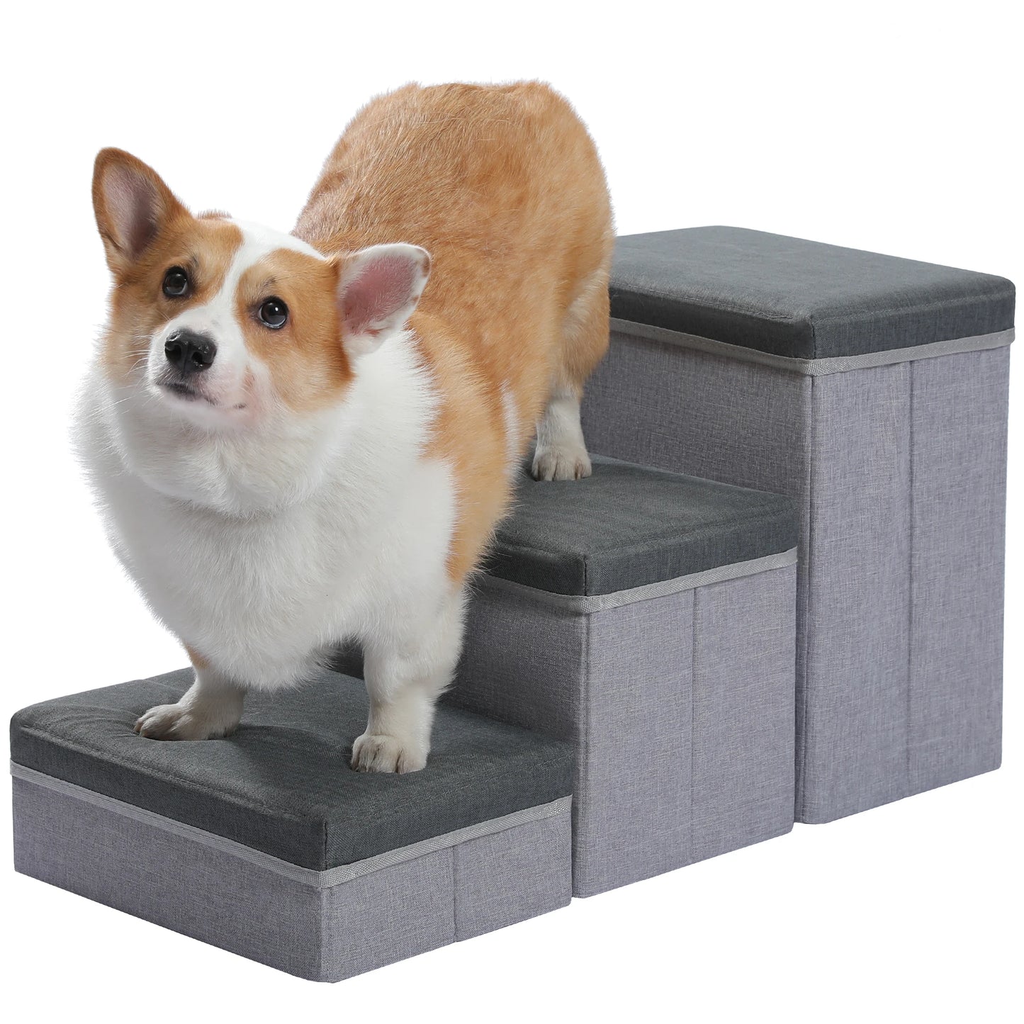 3-Tier Dog Stairs Foldable Pet Stair with Storage Box Adjustable Height Dog Steps for Small Old Dog Cat Non-Slip Pet Ramp Indoor