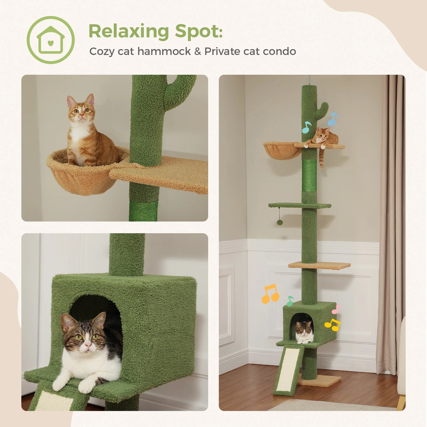 Adjustable Height 210-274CM Cat Tree Floor to Ceiling Tall Cat Climbing Tower with Cozy Condo Hammock Scratching Post Platforms
