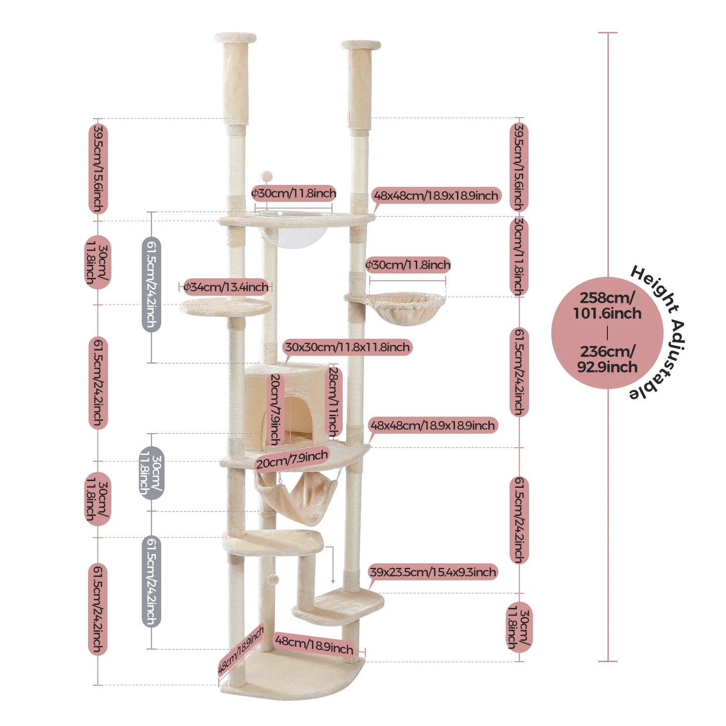 Floor to Ceiling Cat Tree Adjustable Cat Tower Tall Kitty Climbing Play House Tall Kitty Climbing Play House with Scratching Posts Cozy Condo Perches Hammock