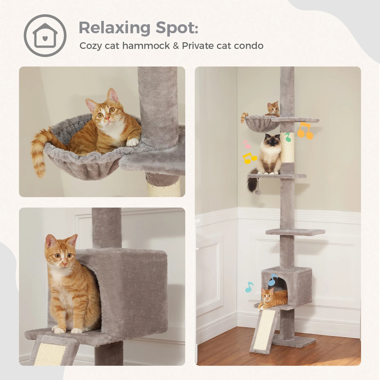 Adjustable Height 210-274CM Cat Tree Floor to Ceiling Tall Cat Climbing Tower with Cozy Condo Hammock Scratching Post Platforms