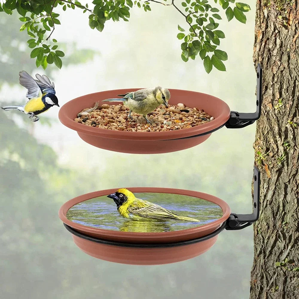 Tree Mounted Bird Tray for Feeder Birds Bath Bowl Installed on Wooden Fence Wall Tree Deck Stakes with Heavy Duty Iron Ring