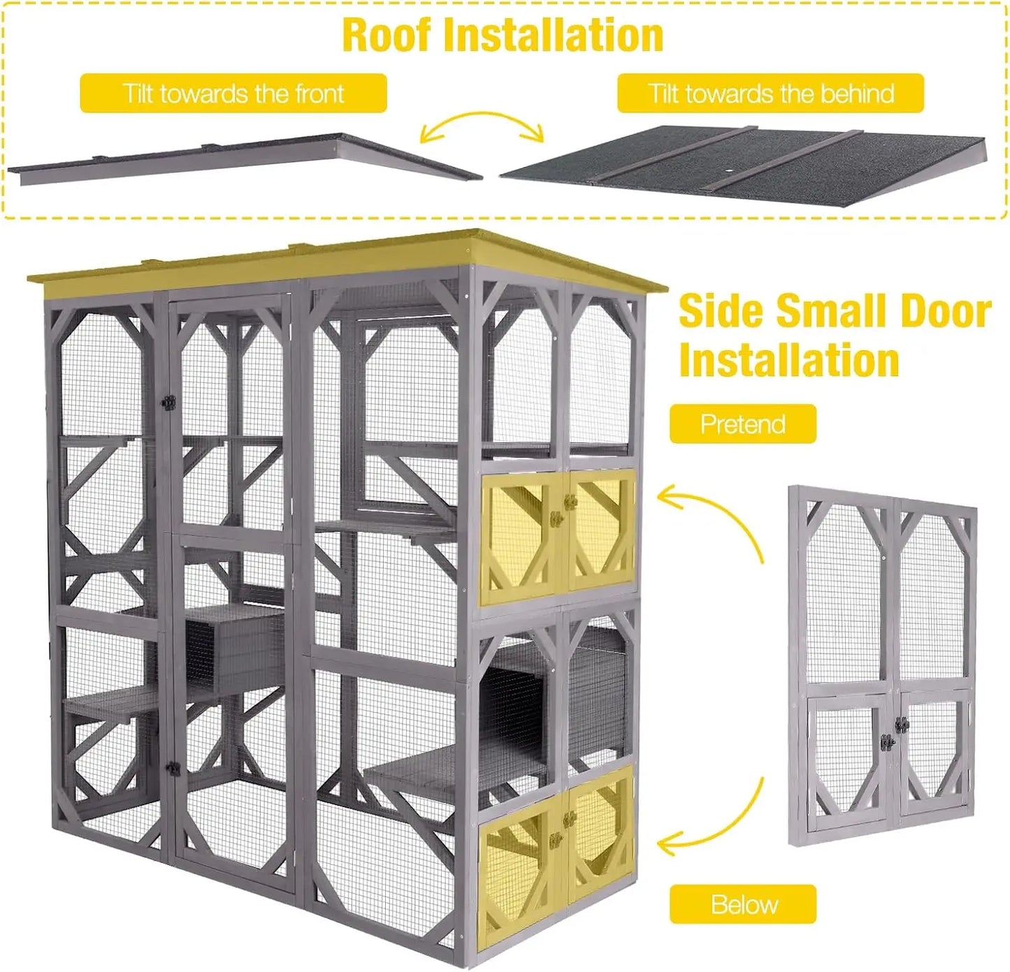 Outdoor Cat Enclosure Large Walk in Cat Kennel Kitten Cage with Platforms and Small Houses