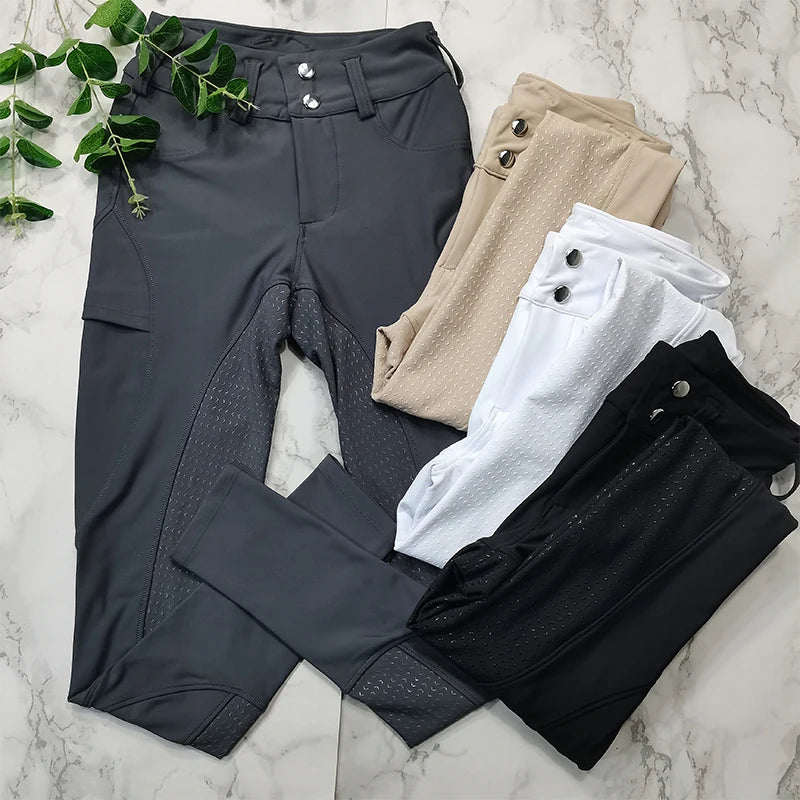 MXLLINA Button Zipper Horse Riding Pants Women Equestrian Leggings Breeches Competition Full Silicone Sports Tights