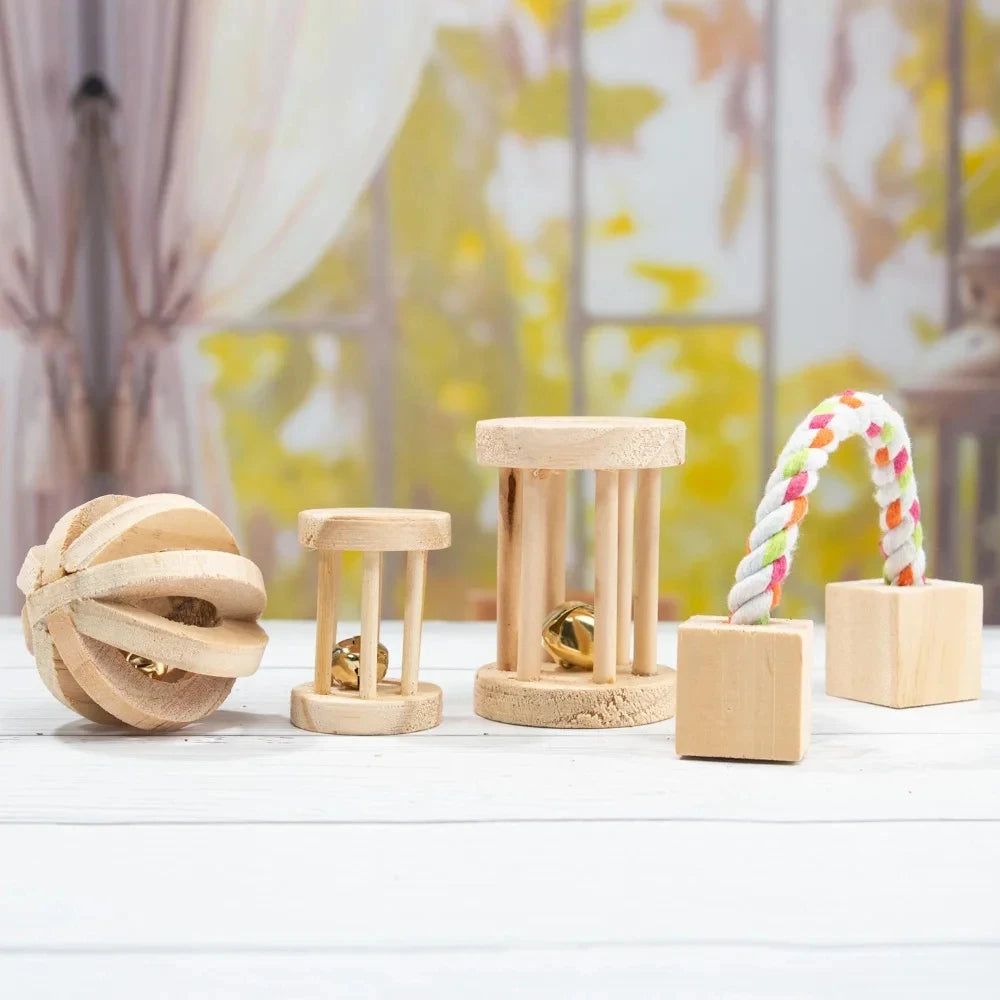 Guinea Pig Rabbit Hamster Small Animal Play Pet Roller Toys Natural Wooden Pine Dumbbells Unicycle Bell Chew Chewing Braided Ball