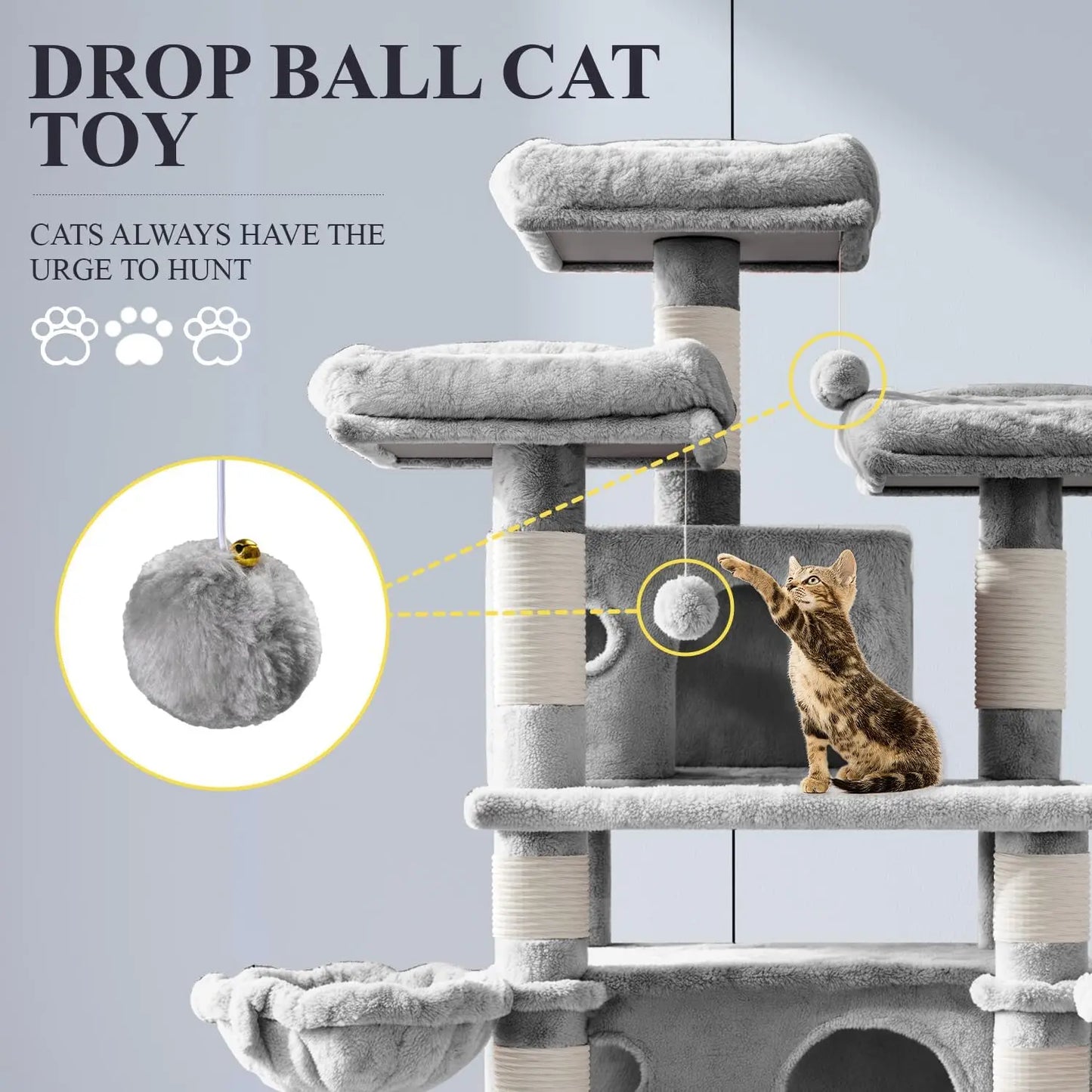 68-Inch Multi-Level Cat Tree House with Condo, Scratching Posts, and Towers for Large Cats - Light Grey