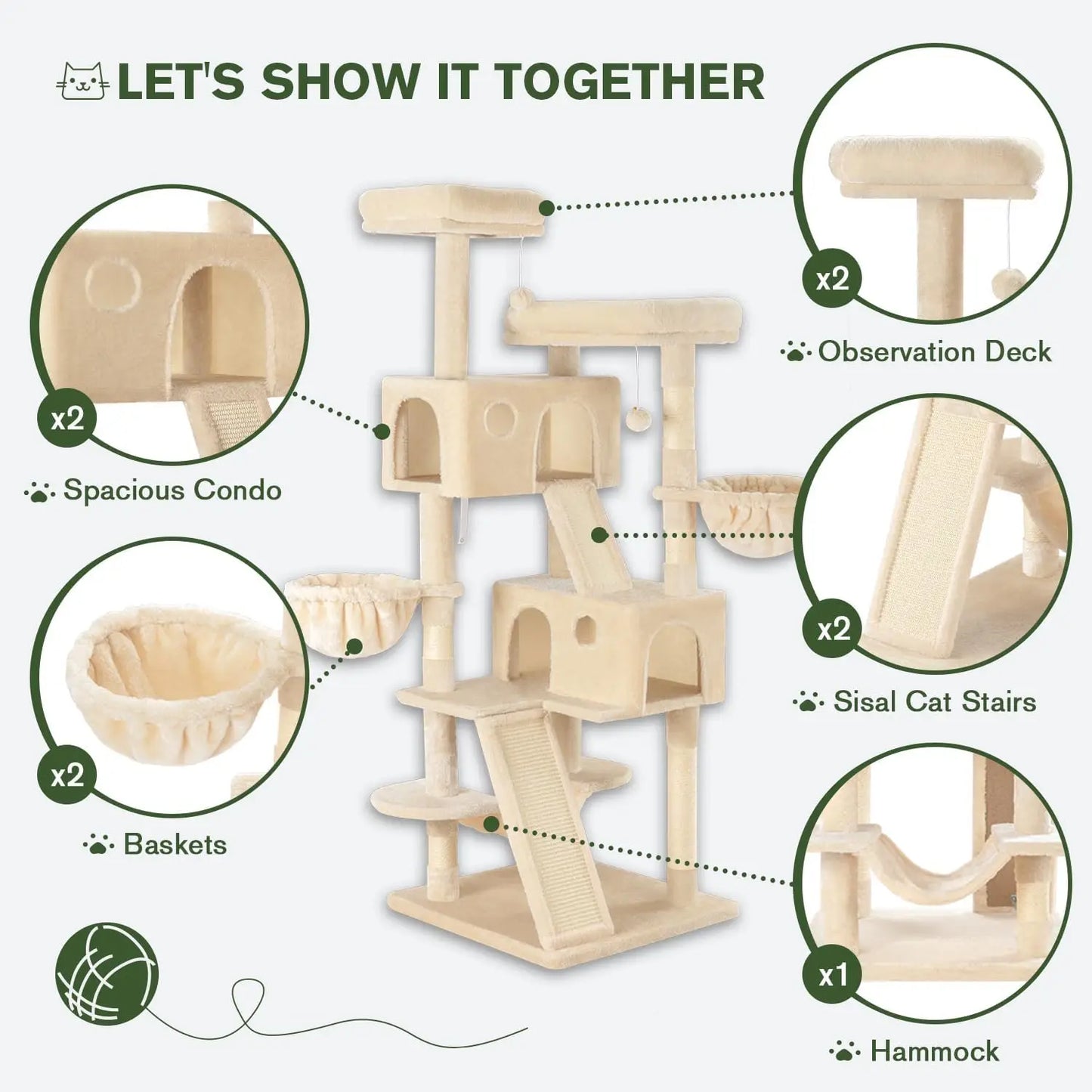 66 Inches tall Multi-Level Large Cat Tree Tower for Indoor Big Cats/Cozy Plush Perches/Cat Condo/Sisal Scratching Posts