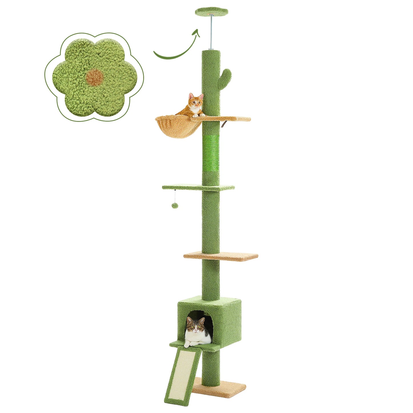 Adjustable Height 210-274CM Cat Tree Floor to Ceiling Tall Cat Climbing Tower with Cozy Condo Hammock Scratching Post Platforms