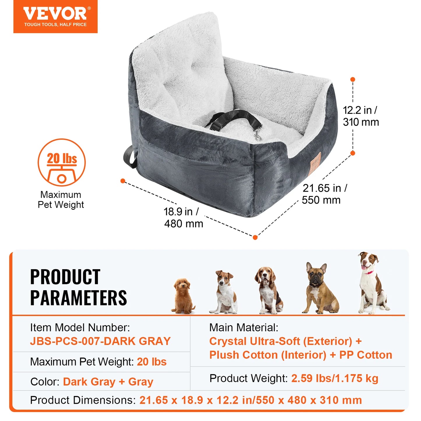VEVOR Dog Car Seat Waterproof Dog Booster Seat Pet Car Seat with Clip-On Safety Leash PP Cotton Car Bed for Medium & Large Dog