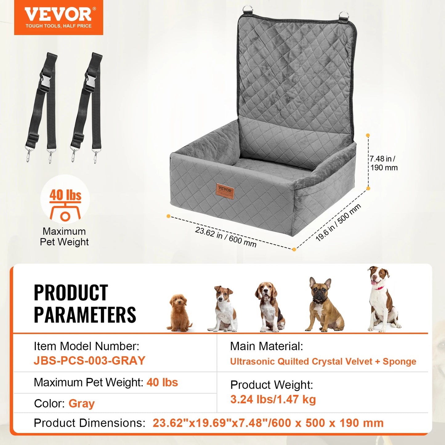 VEVOR Dog Car Seat Waterproof Dog Booster Seat Pet Car Seat with Clip-On Safety Leash PP Cotton Car Bed for Medium & Large Dog