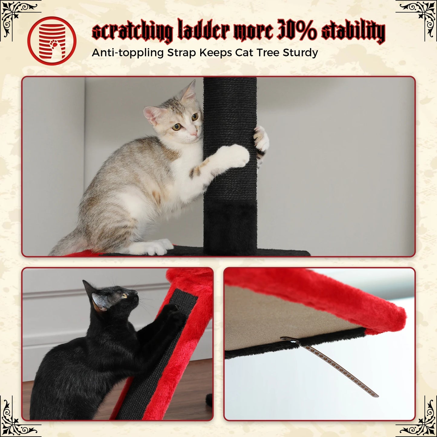 Adjustable Height 210-274CM Cat Tree Floor to Ceiling Tall Cat Climbing Tower with Cozy Condo Hammock Scratching Post Platforms