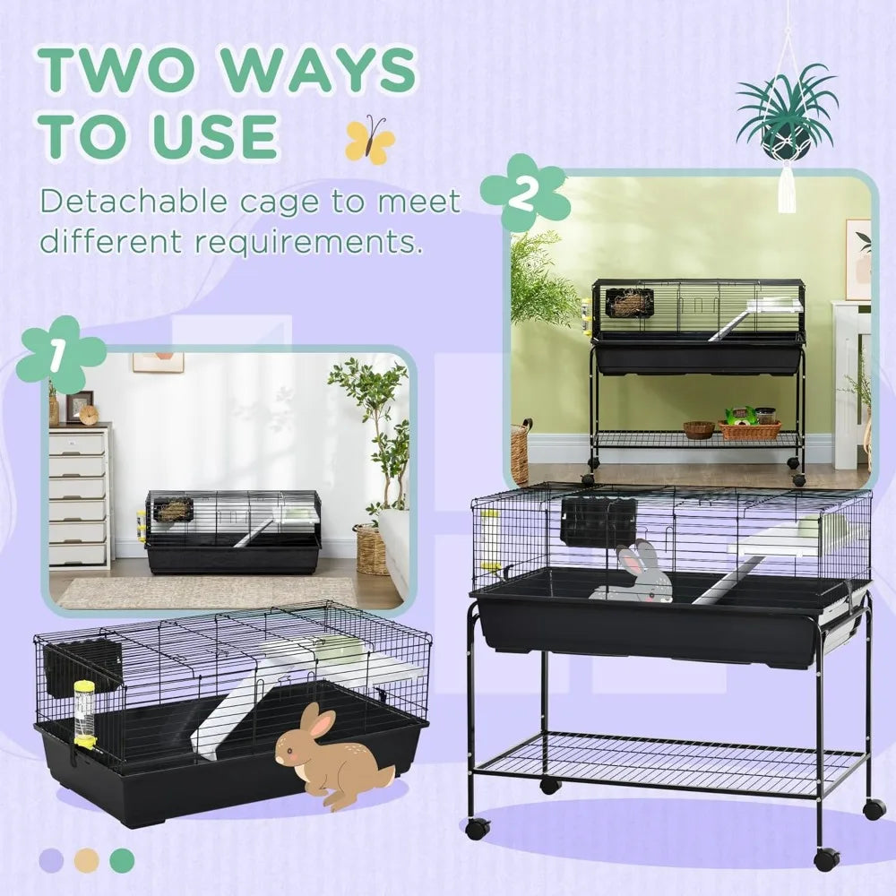 Two-Story Small Animal Cage Removable from Stand, Guinea Pig Cage, Hedgehog Cage, Chinchilla Cage, Ferret, with Shelf & Wheels