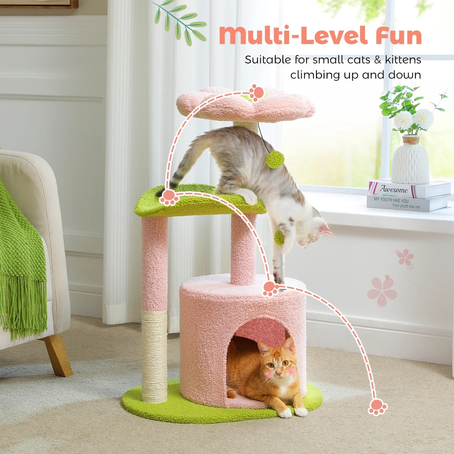 Flower Cat Tree with Natural Sisal Scratching Post, Cozy Cat Condo, Top Perch, Small Cat Tower for Small Indoor Cats