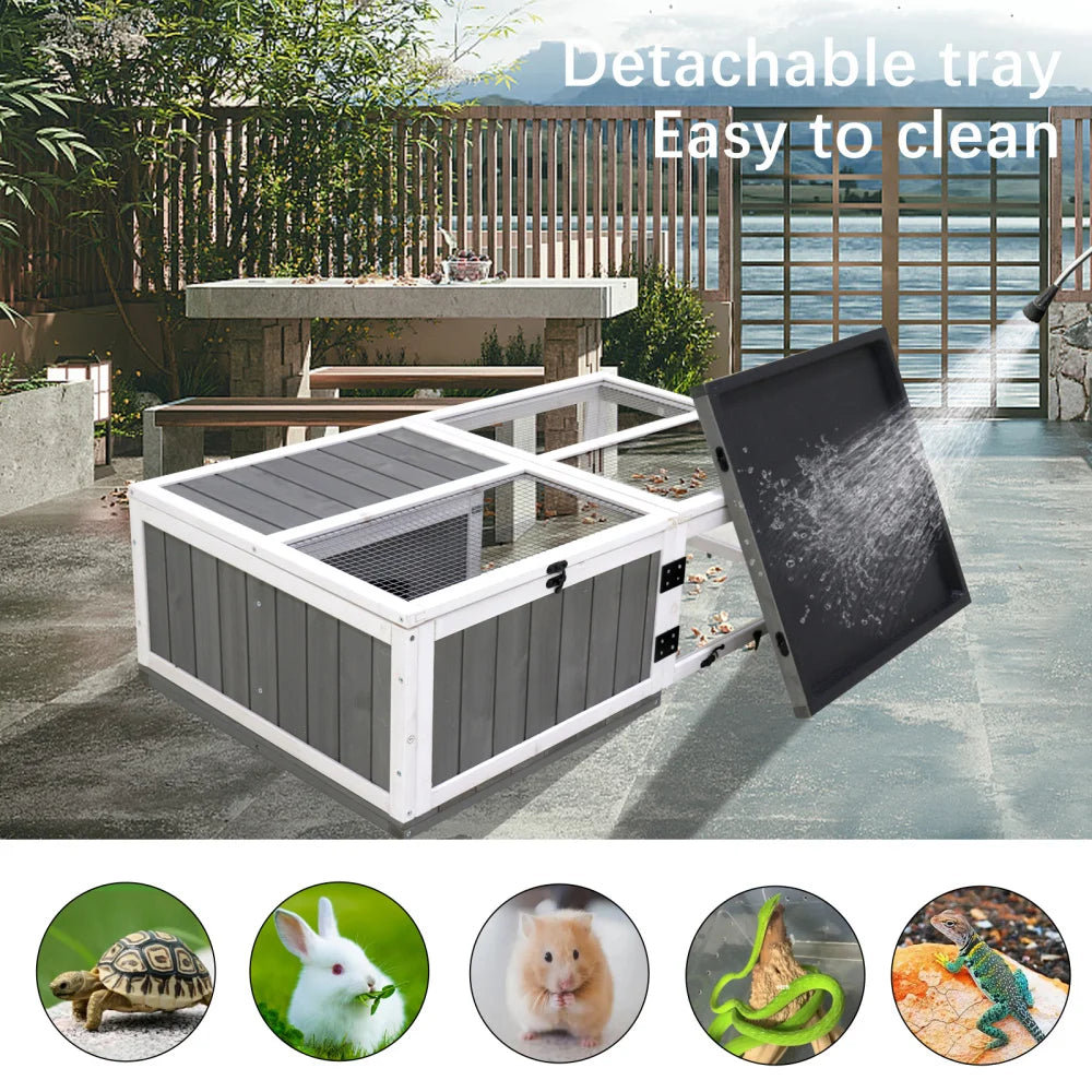 43"Upgrade Waterproof Tray, Activity Tray, Wooden Turtle House Indoor Small Animal Turtle Cage Outdoor Wooden Reptile Cage