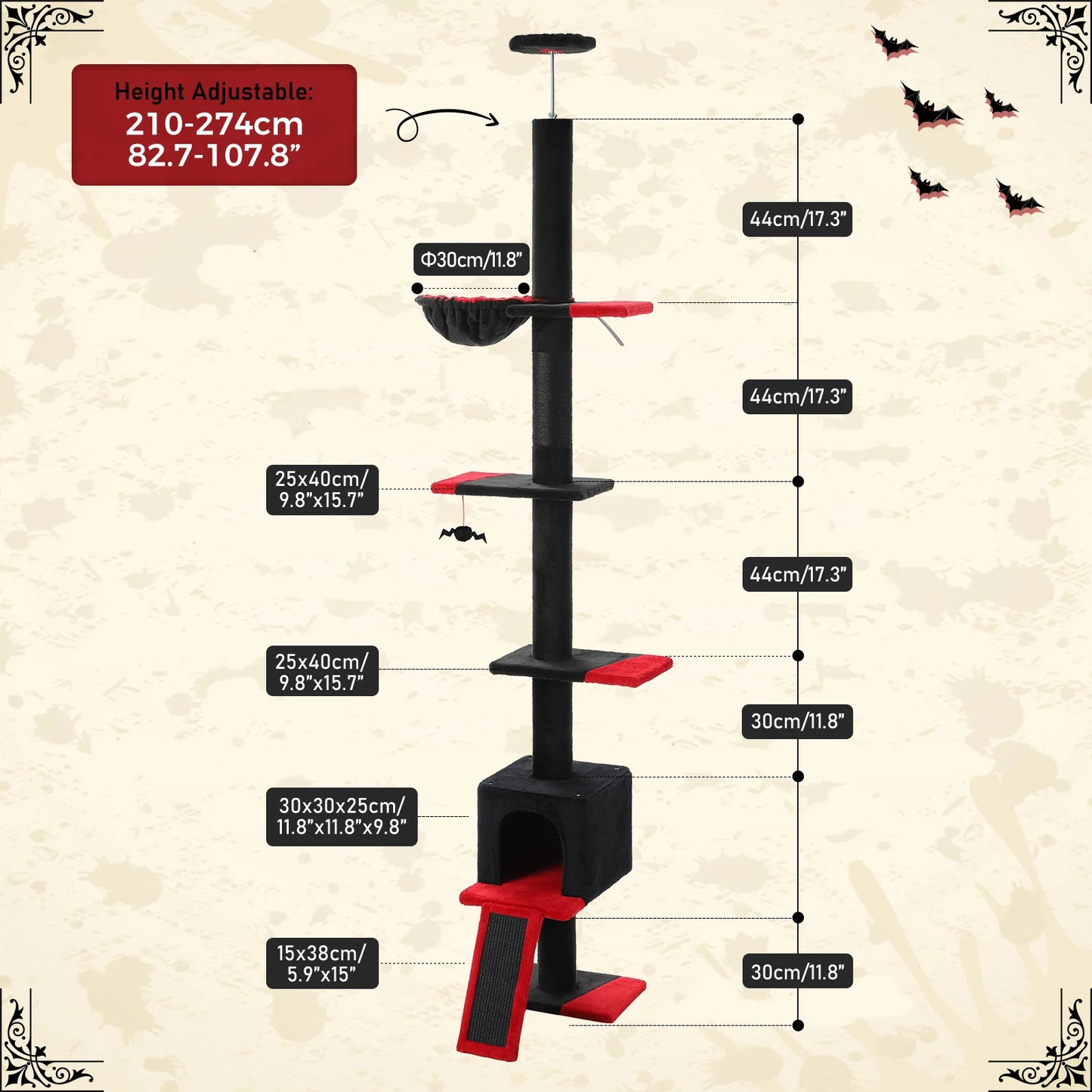 Adjustable Height 210-274CM Cat Tree Floor to Ceiling Tall Cat Climbing Tower with Cozy Condo Hammock Scratching Post Platforms