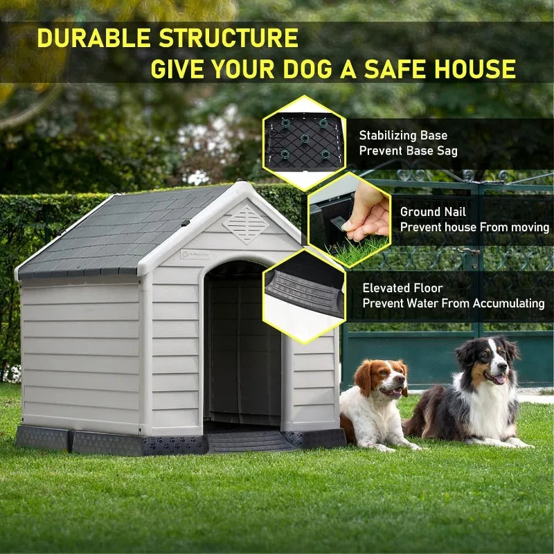 LEMBERI Durable Waterproof Plastic Dog House for Small to Large Sized Dogs, Puppy Shelter with Elevated Floor, Easy to Assemble