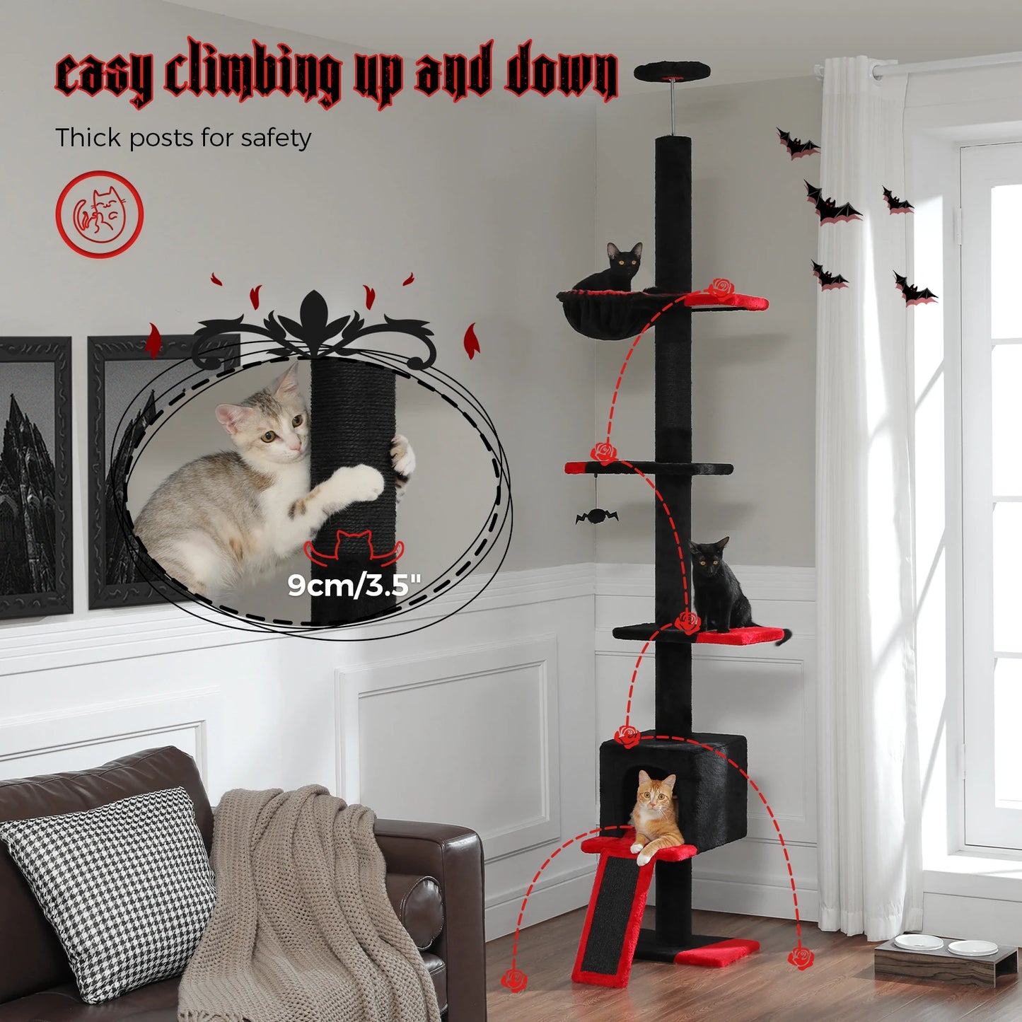 Adjustable Height 210-274CM Cat Tree Floor to Ceiling Tall Cat Climbing Tower with Cozy Condo Hammock Scratching Post Platforms
