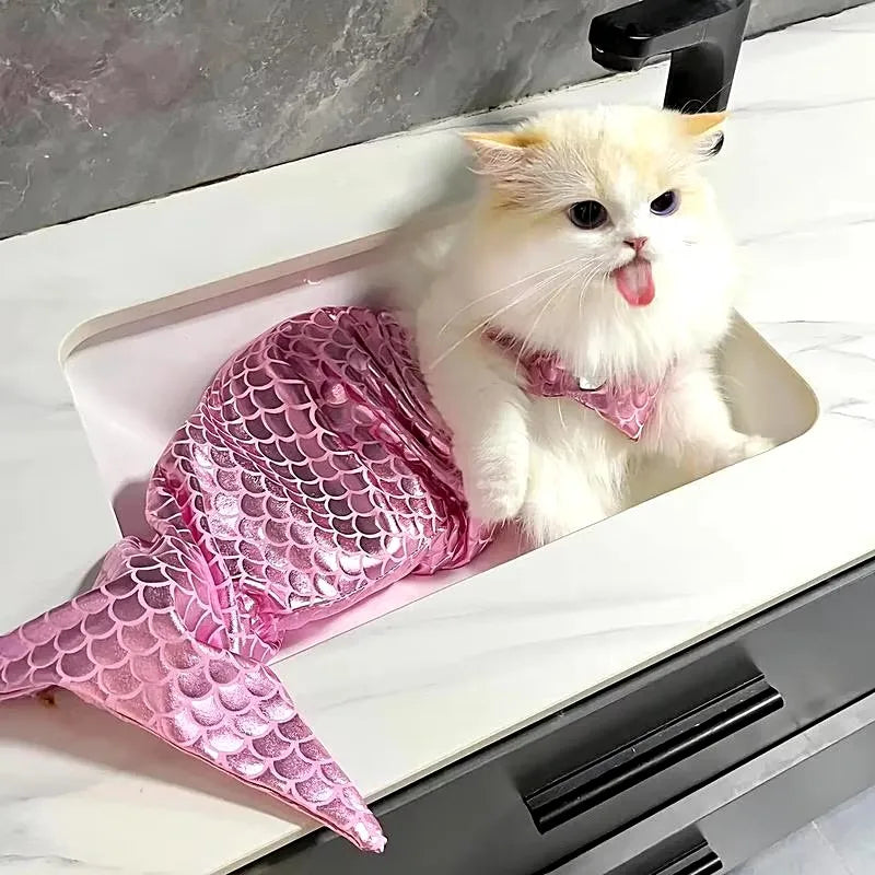 Decorative Cat Mermaid Polyester with Bow Headband Pet Fishtail Swimsuit Soft Pet Cosplay Costume