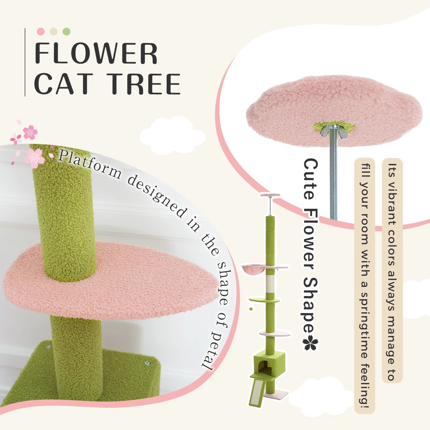Adjustable Height 210-274CM Cat Tree Floor to Ceiling Tall Cat Climbing Tower with Cozy Condo Hammock Scratching Post Platforms