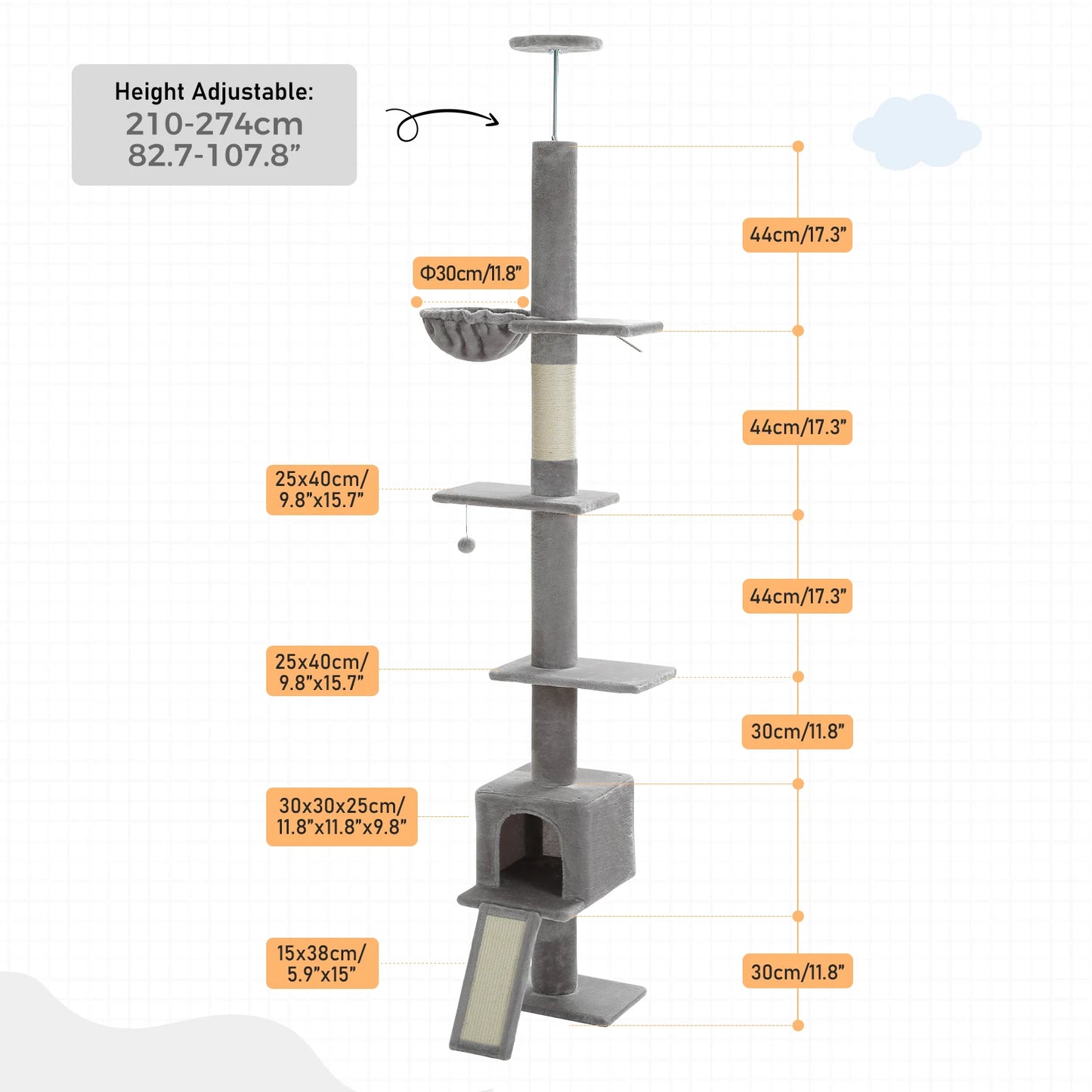 Adjustable Height 210-274CM Cat Tree Floor to Ceiling Tall Cat Climbing Tower with Cozy Condo Hammock Scratching Post Platforms