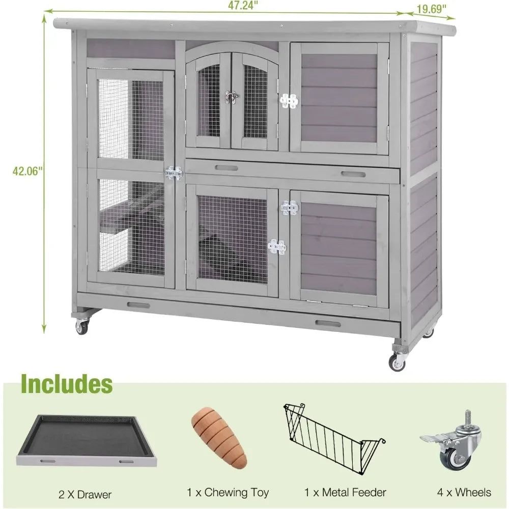Rabbit Hutch Indoor Outdoor Bunny House Bunny Cage on Wheels with Plastic Tray-47inch